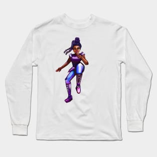 Black anime superhero girl from outer space doing a high knee kick ! beautiful  black girl with Afro hair, brown eyes, Cherry pink lips and dark brown skin. Hair love ! Long Sleeve T-Shirt